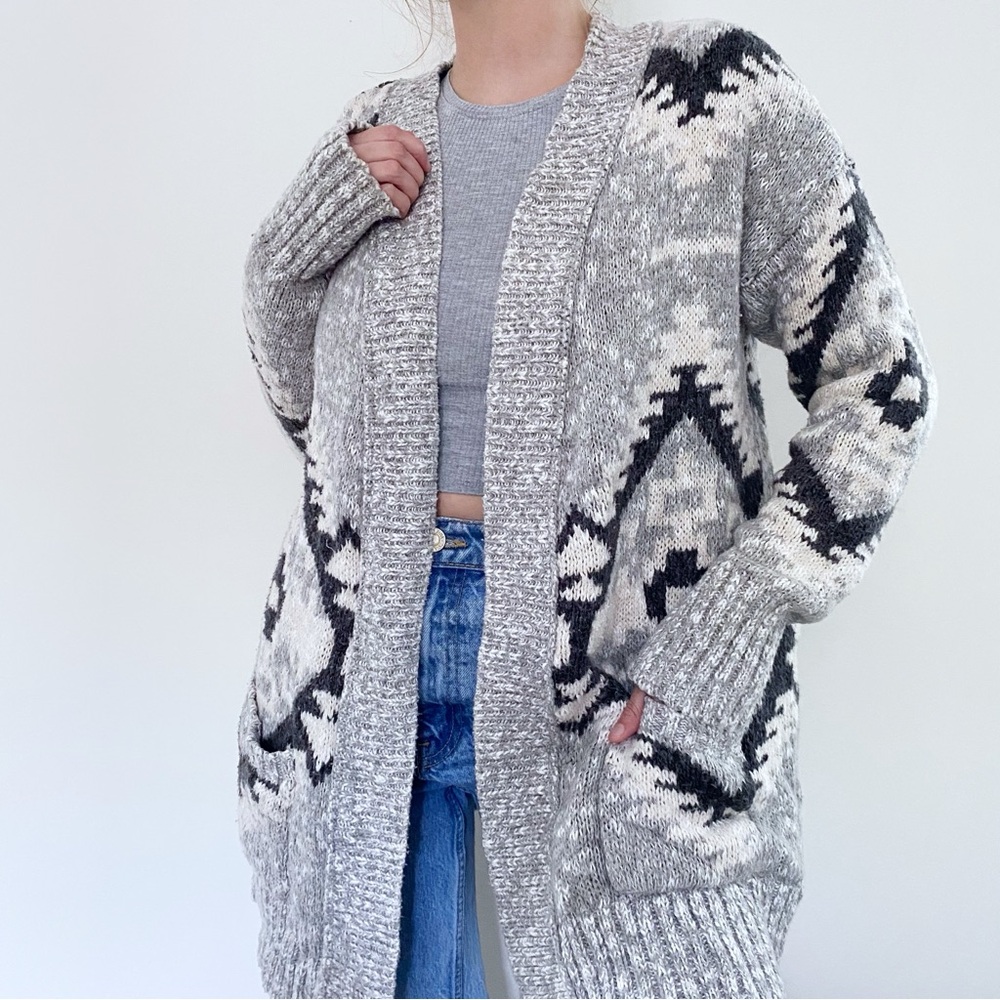 Cozy Oversized Retro Western Printed Gray + White Chunky Knit Cardigan